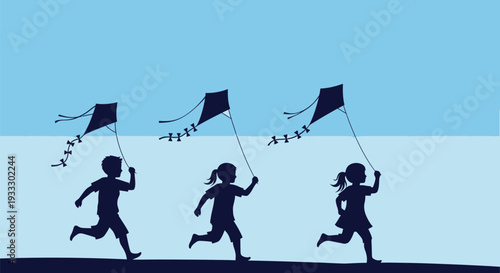 Children Running with Kites in Silhouette.