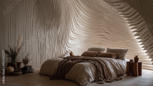 Luxurious bedroom interior features dramatically sculpted, flowing wall textures illuminated by soft accent lighting