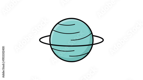Teal planet with black lines and rings on white background