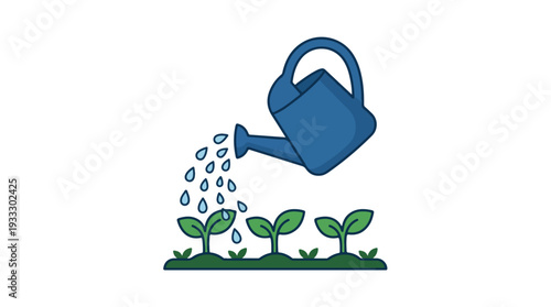 A blue watering can pouring water on three green seedlings growing in the ground.