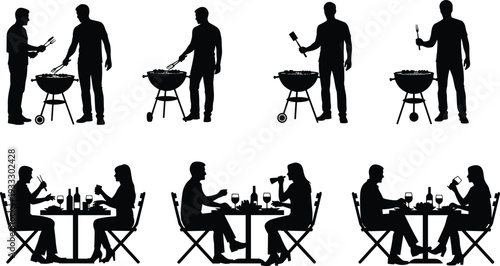 Silhouette people grilling barbecue outdoors, couples dining together at table with wine, food, social leisure activity, romantic dinner, cooking and eating scene