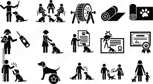 Dog training icons set featuring obedience school, pet behavior therapy, veterinary certification, puppy socialization classes, agility exercise, and professional