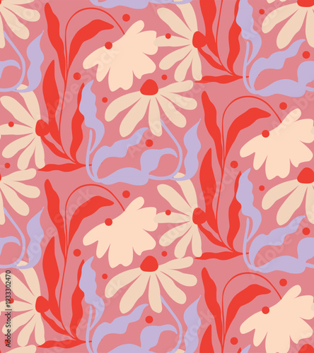 Abstract Vertical Botanical Pattern with Retro Flower Silhouettes in Pink, Red and Lavender.
