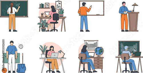 Educational Vector Set featuring Teachers Writing on Chalkboards, Students Using Laptops at Desks, Science Periodic Tables, Geography Globes, and Academic Learning