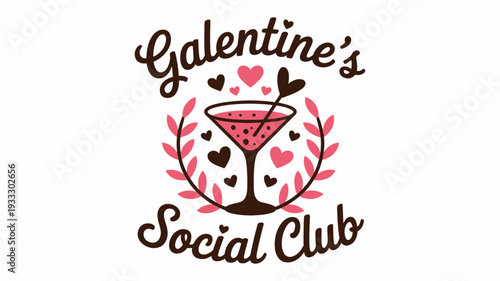 galentines social club martini glass with hearts and leaves, isolated vector illustration for celebration, party invitations, cocktail menus, friendship gatherings, romantic events, and festive design