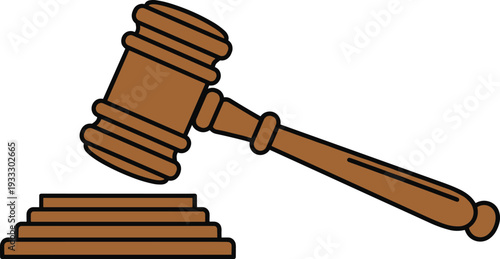 Cartoon judge gavel and sound block, law symbol, justice authority icon, courtroom decision illustration, legal hammer vector, authority ruling graphic design