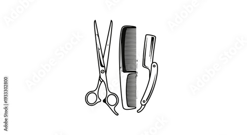 Barber tools including scissors razor and comb.