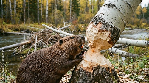 Wild beaver gnawing on a tree trunk in autumn forest near river.