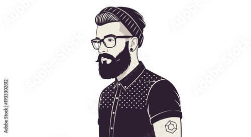 Illustration of a bearded man wearing glasses and a beanie.