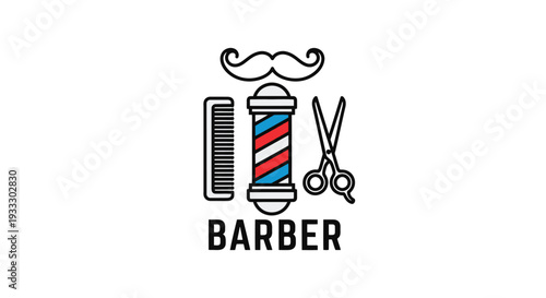 Barber shop logo with comb, scissors, and mustache symbolizing grooming services.
