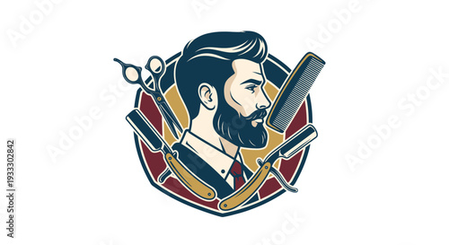 Vintage style barber shop logo with bearded man and grooming tools.
