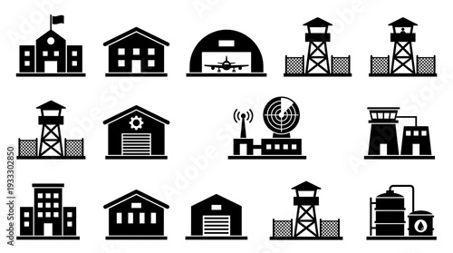Military base buildings and army infrastructure icons set vector silhouettes.