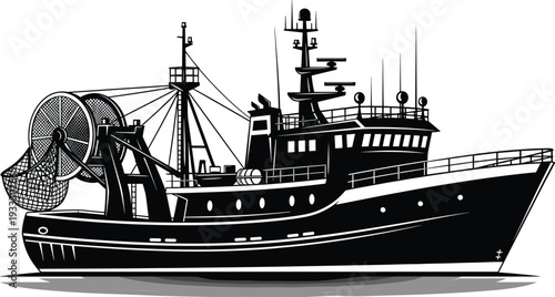 Commercial fishing vessel silhouette, trawler ship illustration, maritime industry clipart, fishing boat with net, nautical engineering drawing, ocean fishing ship design