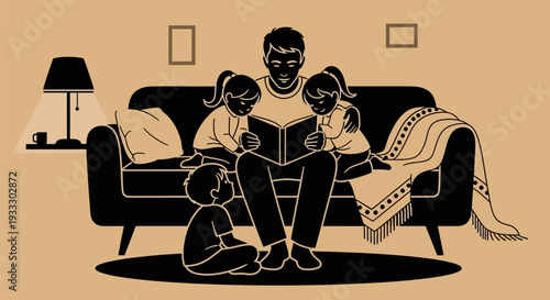 Family Reading Together on Sofa Illustration.