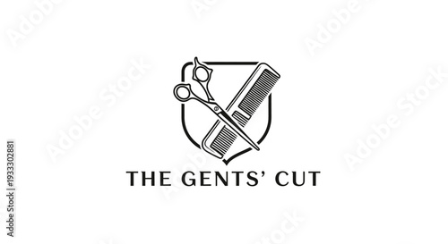 Logo for men's grooming or barber shop with scissors and straight razor.