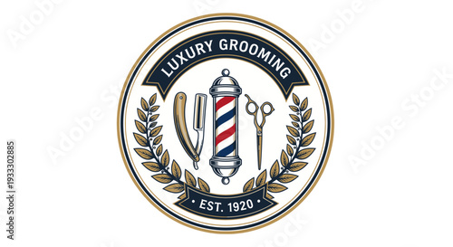 Luxury Grooming Barber Shop Logo with Vintage Straight Razor and Scissors.