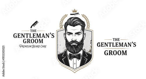 Vintage Gentleman Grooming Logo Design with Beard and Mustache.