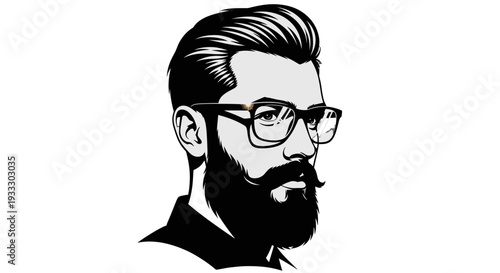 Black and white illustration of a bearded man wearing glasses.