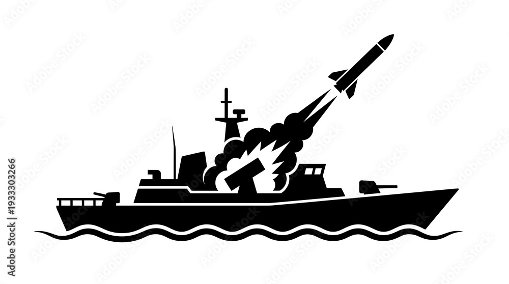 Fototapeta premium Black and white silhouette of a modern naval warship firing a guided missile from its deck at sea.