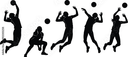 Female volleyball player silhouette illustration, dynamic action poses, serving, spiking, receiving ball, sports clipart, athletic motion, competitive game design, fitness activity vector
