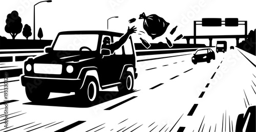 A black and white vector illustration showing a man driving on a multi-lane highway and throwing  bottles and trash out of the car window