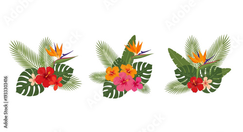 Tropical flowers and leaves in a vibrant floral arrangement.
