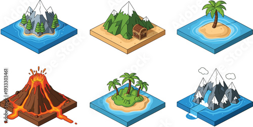 Isometric island illustrations, tropical palm tree, volcanic eruption, snowy mountain, treasure chest, waterfall landform, educational geography, game design, fantasy environment, nature scene