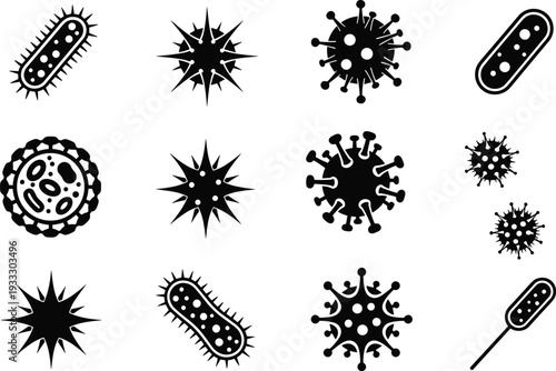 Microorganism silhouettes, bacteria and virus icons, pathogen vector illustration, infectious disease clipart, microbiology design set, health awareness educational graphics