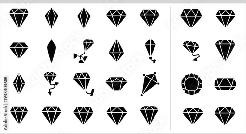 Collection of diamond icons in various shapes and designs displayed on a clean white background from a straightforward viewpoint