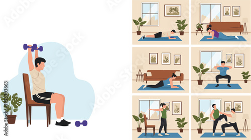 Home Workout Fitness Character Set featuring People Doing Squats, Planks, Weightlifting, Stretching, Yoga, Strength Training, and Indoor Healthy Lifestyle Exercises