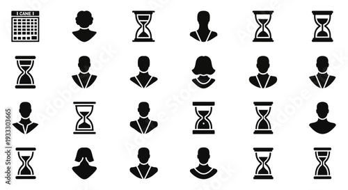 Collection of diverse professional icons featuring people and hourglasses arranged in a grid pattern on a simple background from a straightforward viewpoint