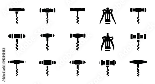 A collection of sixteen corkscrew icons displayed in a grid pattern on a clean white background from a straightforward viewpoint