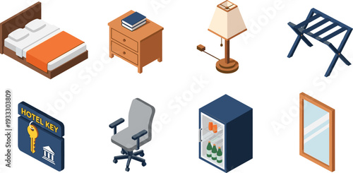 Isometric Hotel Room Interior Furniture Set Icons with Bed Nightstand Lamp Luggage Rack Key Office Chair Mini Fridge and Mirror