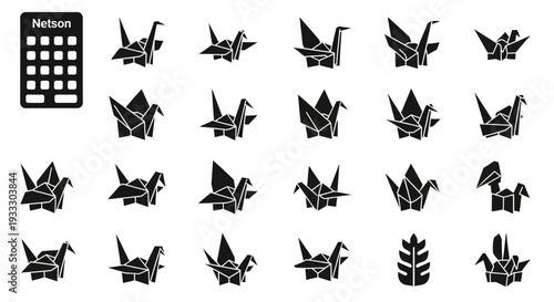 Collection of various origami designs and a calculator displayed on a clean white background