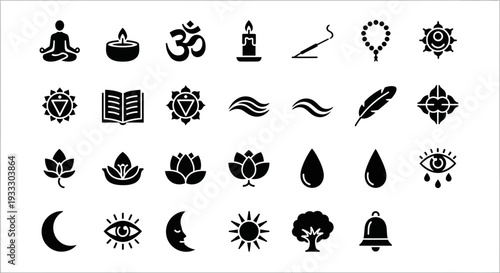Collection of Spiritual Symbols and Icons Representing Meditation and Mindfulness in a Simple Illustration Style