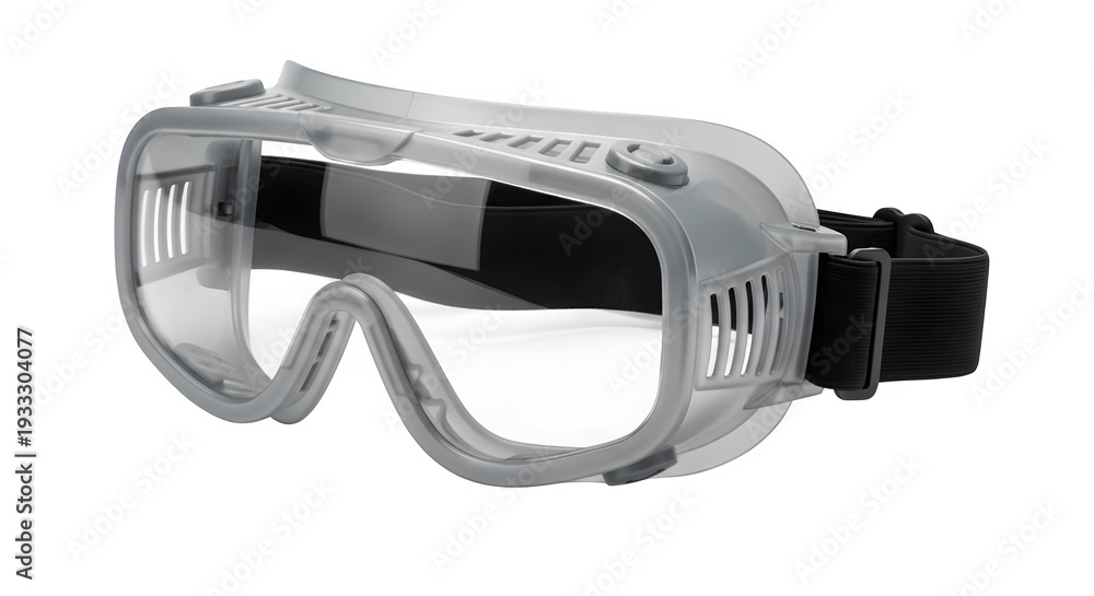 Fototapeta premium Clear safety goggles with black strap isolated on transparent background