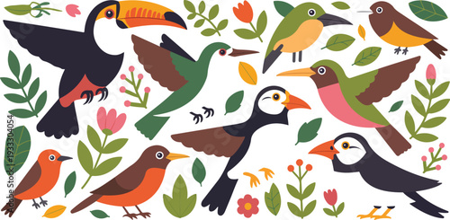 Tropical bird set with toucan hummingbird and songbirds featuring exotic flora in flat vector illustration style.