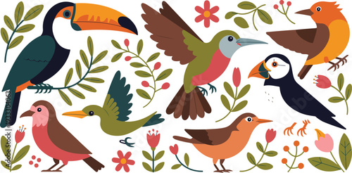 Tropical bird set with toucan hummingbird and songbirds featuring exotic flora in flat vector illustration style.