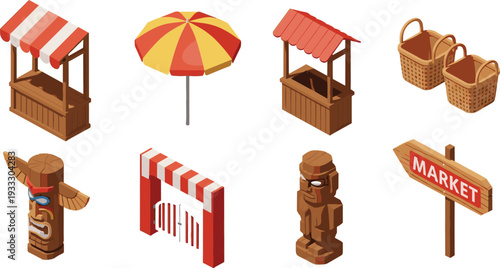 Isometric Tropical Market Stall Icons Featuring Wooden Tiki Statues Beach Umbrellas Wicker Baskets Entrance Gates and Red Market Signpost Vector Illustration