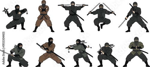 Japanese Ninja Character Set featuring Shinobi Warriors with Katanas, Swords, Shuriken Stars, Martial Arts Poses, Ancient Assassins, and Stealth Shadow Mercenaries