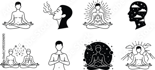 Minimalist Meditation and Mindfulness Line Icon Set featuring Yoga Poses, Zen Breathing, Spiritual Enlightenment, Mental Wellness, Astral Projection, and Inner Peace