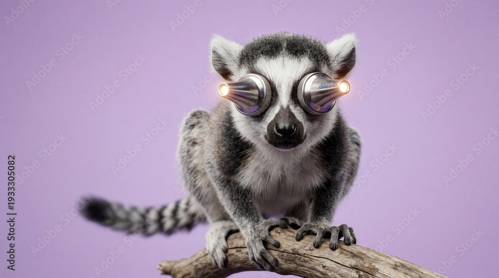 Naklejka premium Lemur with glowing metallic cone eyes on purple background surreal art