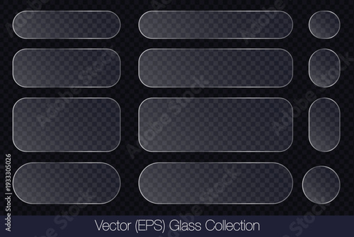 Realistic 3D glass transparent button set, round, square and rectangle frame with glare, flat glass or plastic plate, flat transparent glass lens, realistic screen glass, window mock