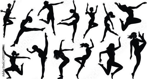 Dynamic black dancer silhouettes in motion, expressive dance poses, artistic human movement collection, modern choreography, fitness, performance art illustration, isolated