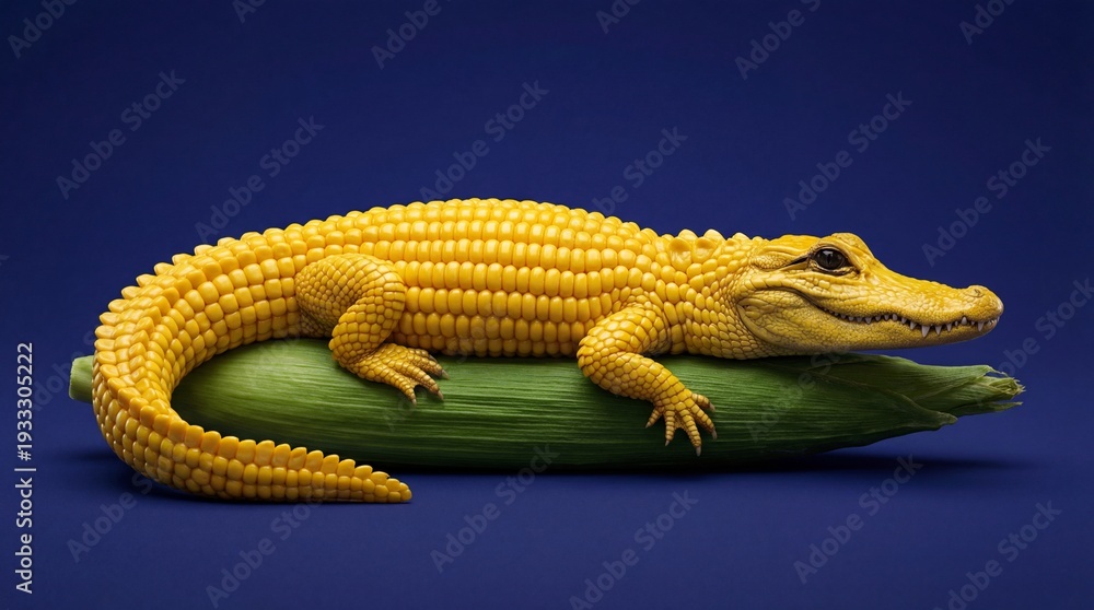 Fototapeta premium Yellow corn alligator resting on green husk on blue background surreal art