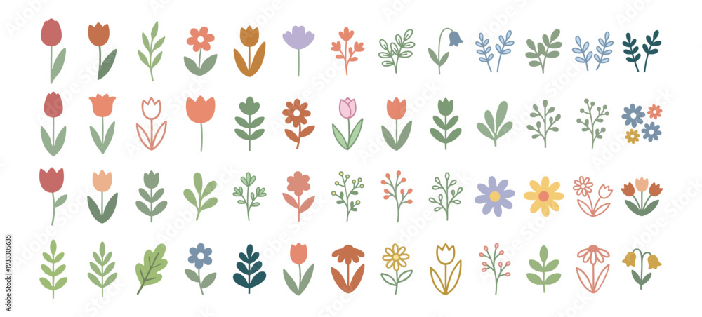 Obraz premium Flat pastel floral and flower icons set, spring blossom plant leaf botanical decorative collection on transparent background