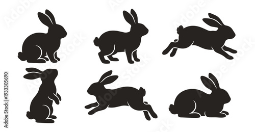 Rabbit bunny silhouette icons set, black animal hare running and sitting poses collection on transparent background