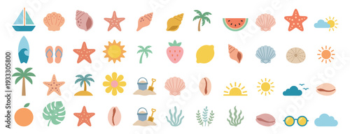 Summer beach tropical flat icons set, vacation travel sun palm sea ocean shells and fruits collection on transparent background