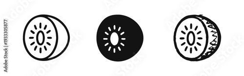 Kiwi Fruit Slice Icon Set. Outline, Solid, and Hand-Drawn Style Tropical Fruit Symbols for Healthy Food.