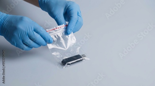 Person in blue gloves carefully placing a USB flash drive into a clear plastic evidence bag.